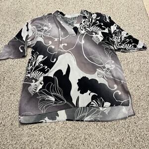 Natori Floral Tunic Sleep Shirt Sz XL 3/4 Sleeve Cozy Pockets Feminine Gray